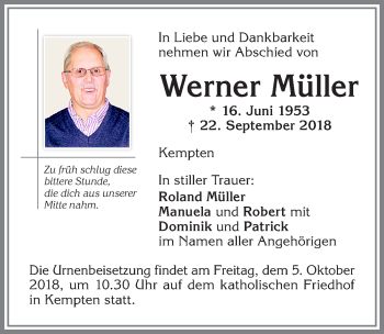 Traueranzeige von Werner Müller von Allgäuer Zeitung,Kempten