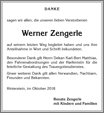 Traueranzeige von Werner Zengerle von Allgäuer Anzeigeblatt