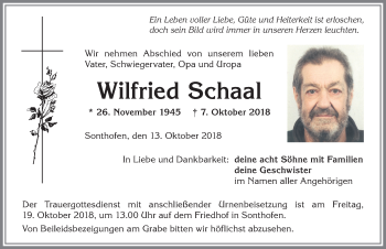 Traueranzeige von Wilfried Schaal von Allgäuer Anzeigeblatt