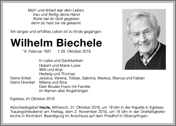 Traueranzeige von Wilhelm Biechele von Memminger Zeitung