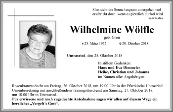 Traueranzeige von Wilhelmine Wölfle von Allgäuer Zeitung, Marktoberdorf