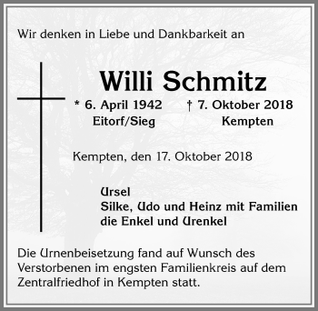 Traueranzeige von Willi Schmitz von Allgäuer Zeitung,Kempten