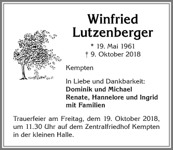 Traueranzeige von Winfried Lutzenberger von Allgäuer Zeitung,Kempten