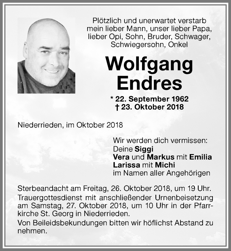  Traueranzeige für Wolfgang Endres vom 25.10.2018 aus Memminger Zeitung