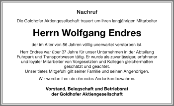 Traueranzeige von Wolfgang Endres von Memminger Zeitung