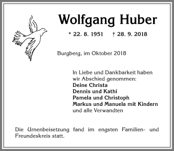 Traueranzeige von Wolfgang Huber von Allgäuer Anzeigeblatt