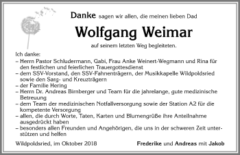 Traueranzeige von Wolfgang Weimar von Allgäuer Zeitung,Kempten