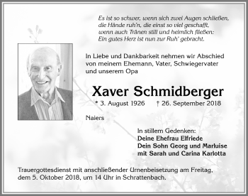 Traueranzeige von Xaver Schmidberger von Allgäuer Zeitung,Kempten