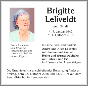 Traueranzeige von brigitte Leliveldt von Allgäuer Zeitung,Kempten