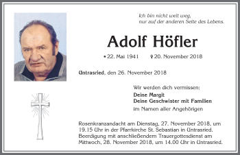 Traueranzeige von Adolf Höfler von Allgäuer Zeitung, Marktoberdorf