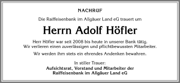 Traueranzeige von Adolf Höfler von Allgäuer Zeitung, Marktoberdorf
