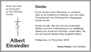Traueranzeige von Albert Einsiedler von Allgäuer Zeitung,Kempten