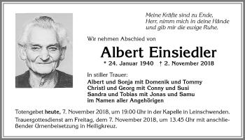 Traueranzeige von Albert Einsiedler von Allgäuer Zeitung,Kempten