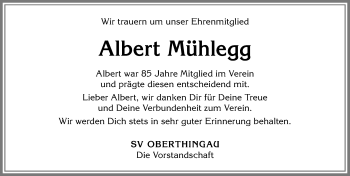 Traueranzeige von Albert Mühlegg von Allgäuer Zeitung, Marktoberdorf