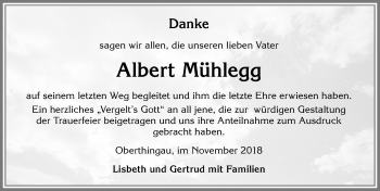 Traueranzeige von Albert Mühlegg von Allgäuer Zeitung, Marktoberdorf