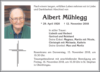 Traueranzeige von Albert Mühlegg von Allgäuer Zeitung, Marktoberdorf