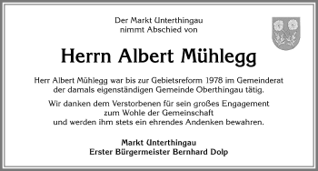 Traueranzeige von Albert Mühlegg von Allgäuer Zeitung, Marktoberdorf