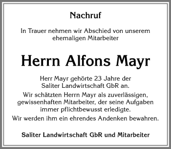 Traueranzeige von Alfons Mayr von Allgäuer Zeitung, Marktoberdorf