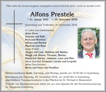 Traueranzeige von Alfons Prestele von Allgäuer Zeitung, Kaufbeuren/Buchloe