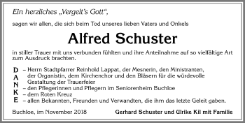 Traueranzeige von Alfred Schuster von Allgäuer Zeitung, Kaufbeuren/Buchloe
