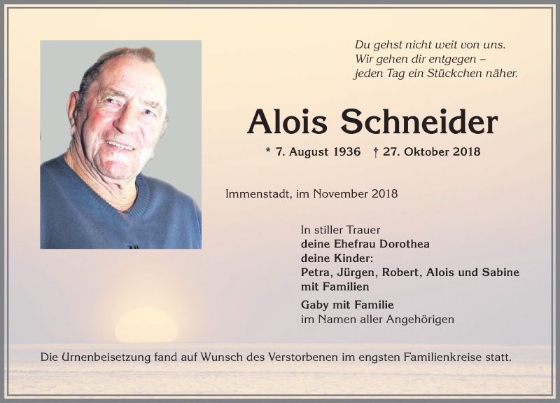  Traueranzeige für Alois Schneider vom 03.11.2018 aus Allgäuer Anzeigeblatt