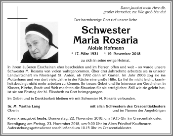 Traueranzeige von Aloisia Hofmann von Allgäuer Zeitung, Kaufbeuren/Buchloe