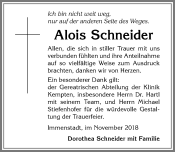 Traueranzeige von Alous Schneider von Allgäuer Anzeigeblatt
