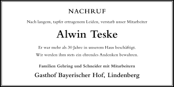 Traueranzeige von Alwin Teske von Der Westallgäuer