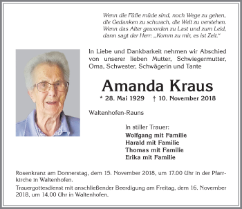 Traueranzeige von Amanda Kraus von Allgäuer Zeitung,Kempten