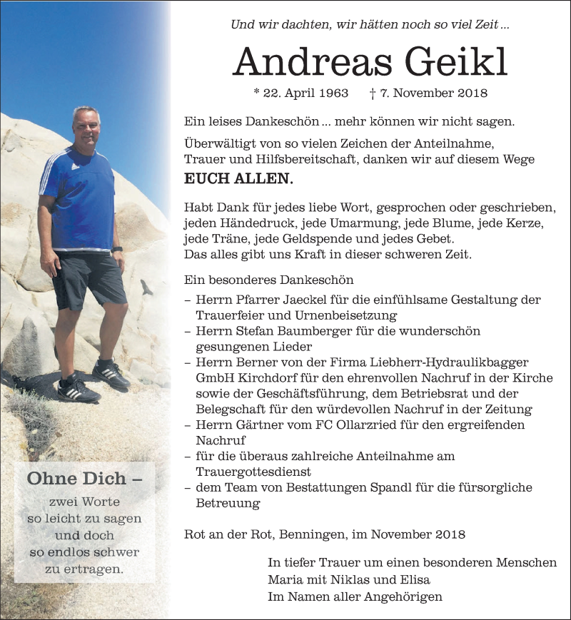  Traueranzeige für Andreas Geikl vom 24.11.2018 aus Memminger Zeitung