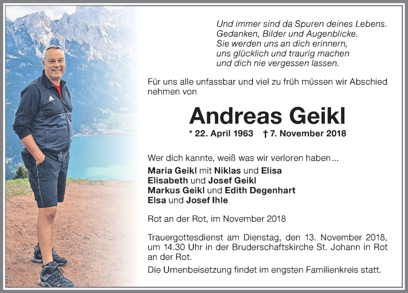  Traueranzeige für Andreas Geikl vom 10.11.2018 aus Memminger Zeitung