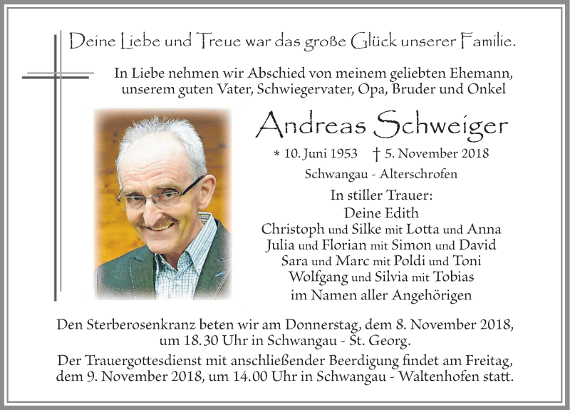  Traueranzeige für Andreas Schweiger vom 07.11.2018 aus Allgäuer Zeitung, Füssen
