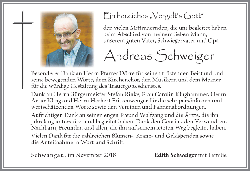  Traueranzeige für Andreas Schweiger vom 28.11.2018 aus Allgäuer Zeitung, Füssen