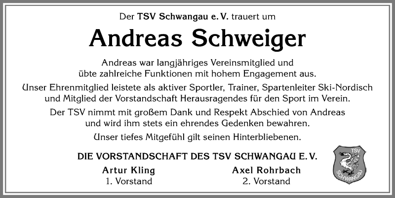  Traueranzeige für Andreas Schweiger vom 09.11.2018 aus Allgäuer Zeitung, Füssen