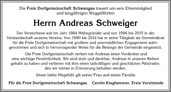 Traueranzeige von Andreas Schweiger von Allgäuer Zeitung, Füssen