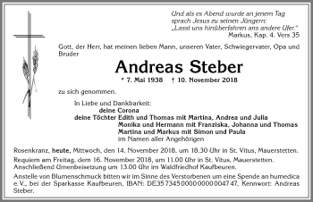 Traueranzeige von Andreas Steber von Allgäuer Zeitung, Kaufbeuren/Buchloe