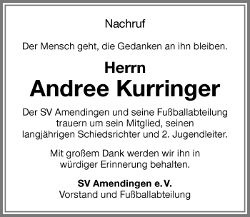 Traueranzeige von Andree Kurringer von Memminger Zeitung
