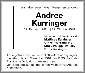 Traueranzeige von Andree Kurringer von Memminger Zeitung