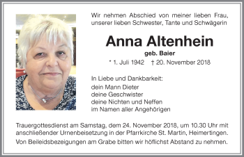 Traueranzeige von Anna Altenhein von Memminger Zeitung