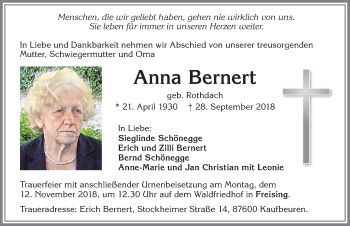 Traueranzeige von Anna Bernert von Allgäuer Zeitung, Kaufbeuren/Buchloe