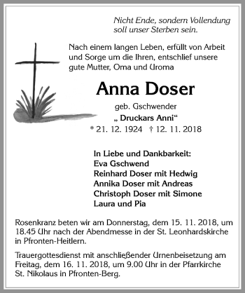 Traueranzeige von Anna Doser von Allgäuer Zeitung, Füssen