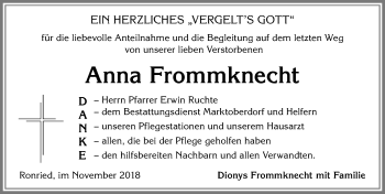 Traueranzeige von Anna Frommknecht von Allgäuer Zeitung, Marktoberdorf