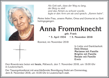Traueranzeige von Anna Frommknecht von Allgäuer Zeitung, Marktoberdorf