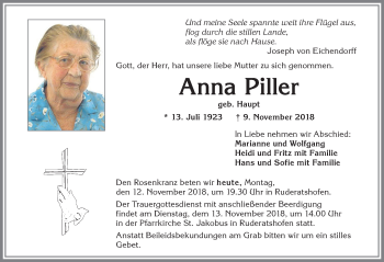 Traueranzeige von Anna Piller von Allgäuer Zeitung, Marktoberdorf