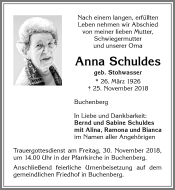 Traueranzeige von Anna Schuldes von Allgäuer Zeitung,Kempten