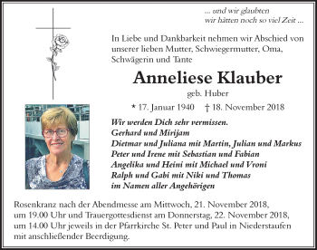Traueranzeige von Anneliese Klauber von Der Westallgäuer