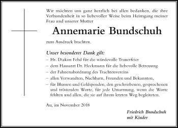 Traueranzeige von Annemarie Bundschuh von Der Westallgäuer