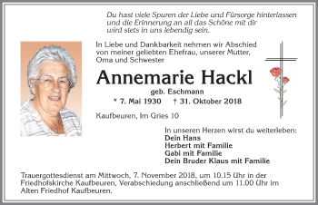 Traueranzeige von Annemarie Hackl von Allgäuer Zeitung