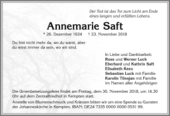 Traueranzeige von Annemarie Saft von Allgäuer Zeitung,Kempten