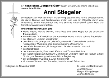 Traueranzeige von Anni Stiegeler von Memminger Zeitung
